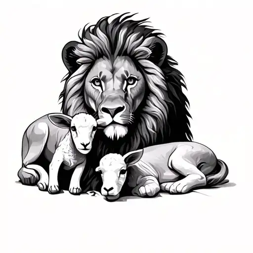 lion and lamb resting together. lion protectfully tattoo design idea
