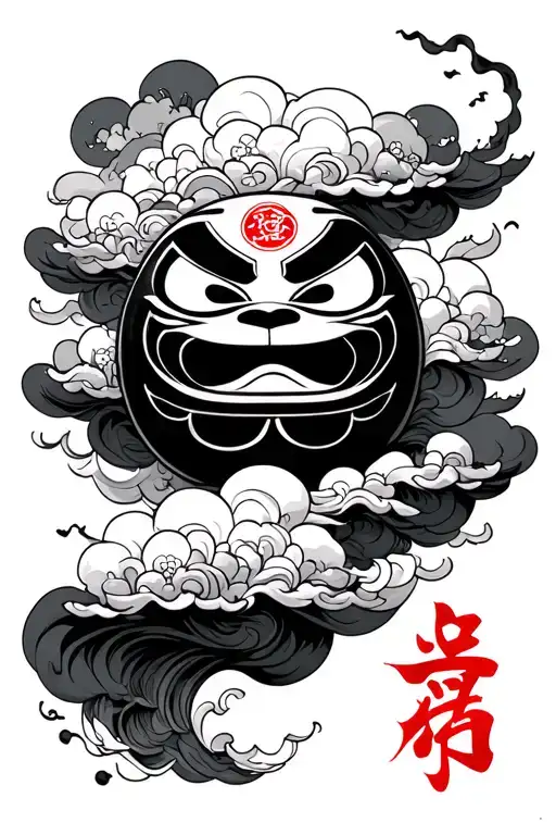 japanese style clouds with a daruma doll in the middle and into the daruma the kanji who stands for luck tattoo design idea
