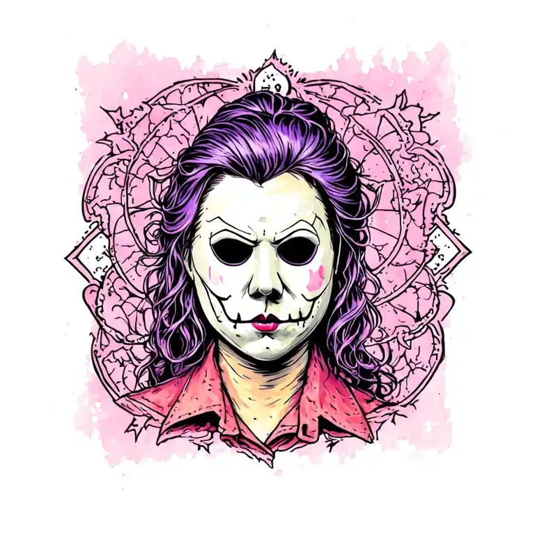 small feminine Michael Myers Halloween tattoo with some pink and purple tattoo design idea
