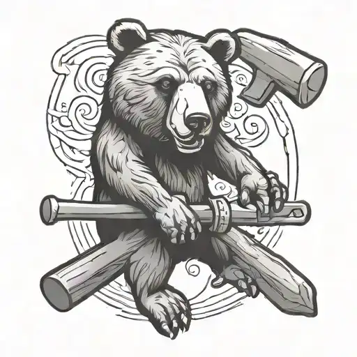 A black-grey tattoo featuring a carpenter's hammer morphing into a bear symbol to represent the client's occupation and admiration for bears tattoo design idea