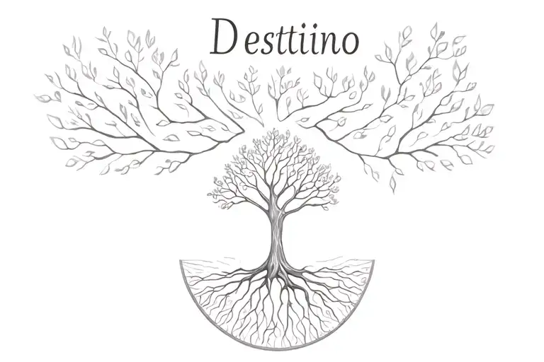 Written in attaché: "Destino" with a tree of life below in the shape of a white tattoo in very very small and fine tattoo design idea