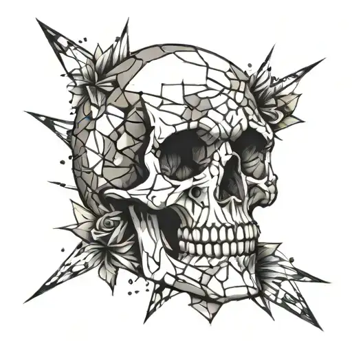 A skull surrounded by shattered pieces representing the struggles of growing up in a broken family tattoo design idea