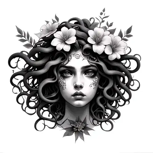 Medusa with flowers for snakes and no nose or lips of face tattoo design idea