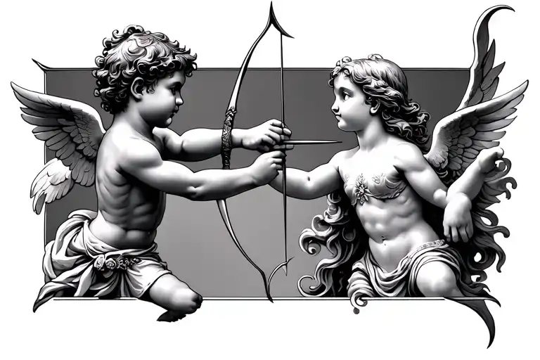 male cherub shooting arrow at female  tattoo design idea