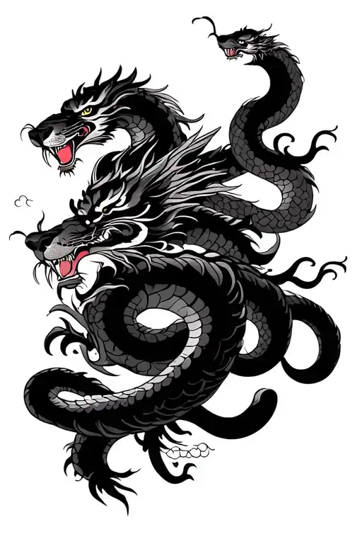 Traditional Japanese arm sleeve, black, grey, and white. Include samurai, dragons, snakes and tigers, and include lightn tattoo design idea