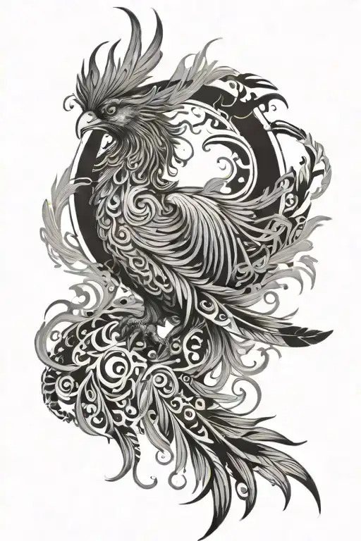 a phoenix with detailed feathers and a bio-mechanical body tattoo design idea