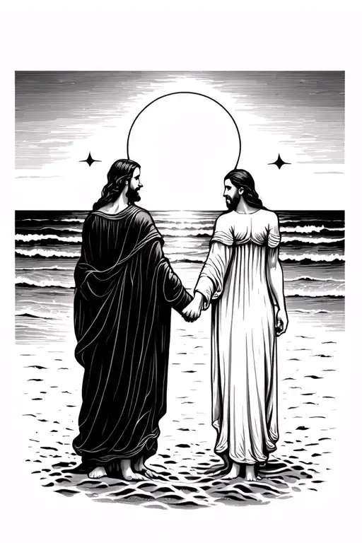 God holding husband and wife hands on the beach tattoo design idea