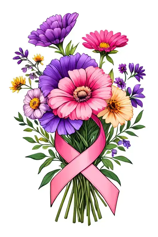 March, April & August Birth flowers, in a bouquet with a ombre pink and purple awareness ribbon around the stems tattoo design idea