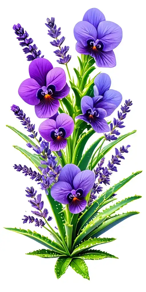 aloe Vera plant with African violets, lavender, indigo, flowers, and mint tattoo design idea