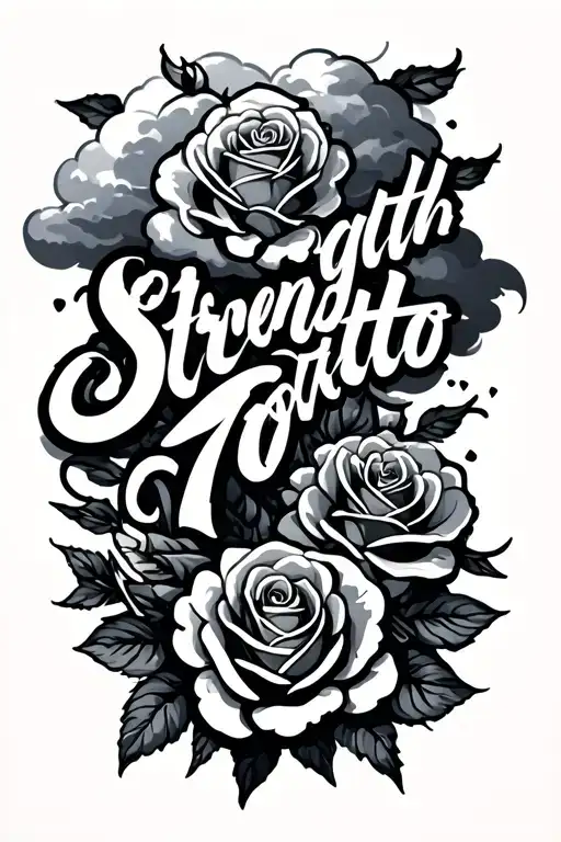 strength script tatto with clouds and roses tattoo design idea