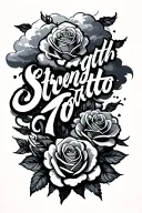strength script tatto with clouds and roses tattoo design idea
