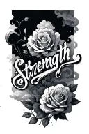 strength script tatto with clouds and roses tattoo design idea