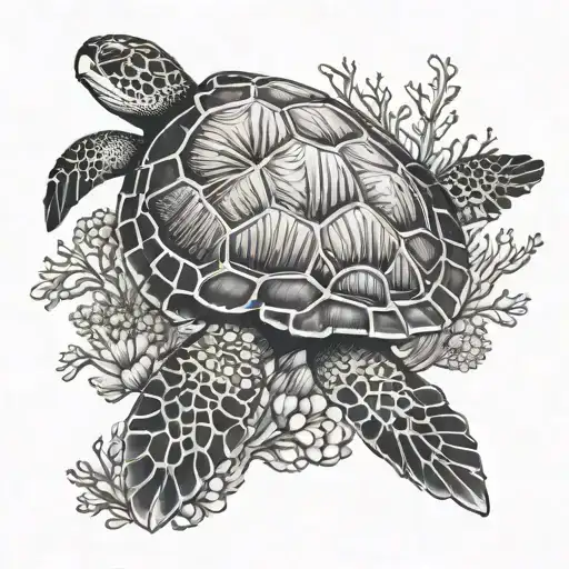 sea turtle with ocean and corals surrounded tattoo design idea
