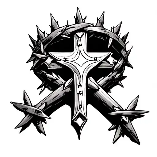 3d black and white tatto for the fore arm a cross made from nails with a crown of thorns leaning on it tattoo design idea