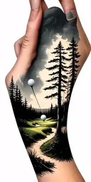 creepy forest scene with stormy sky golf course golf ball tattoo design idea