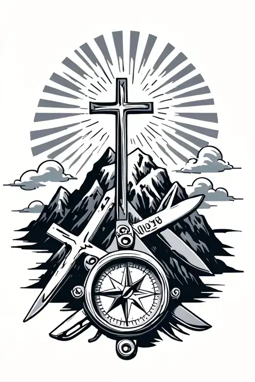 3 crosses on mountain with sun rays and clouds floating. Swiss Army knife and compass in the clouds  tattoo design idea
