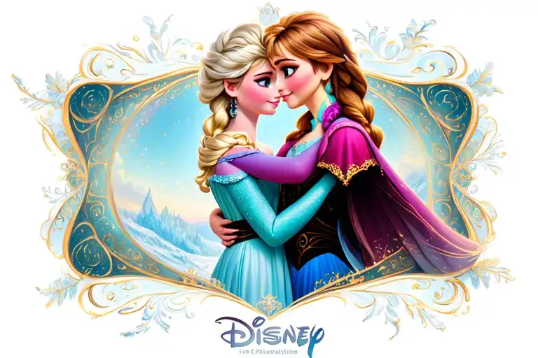 disney elsa anna hugging with view tattoo design idea