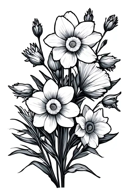daffodil larkspur and poppy flowers simple outline tattoo design idea