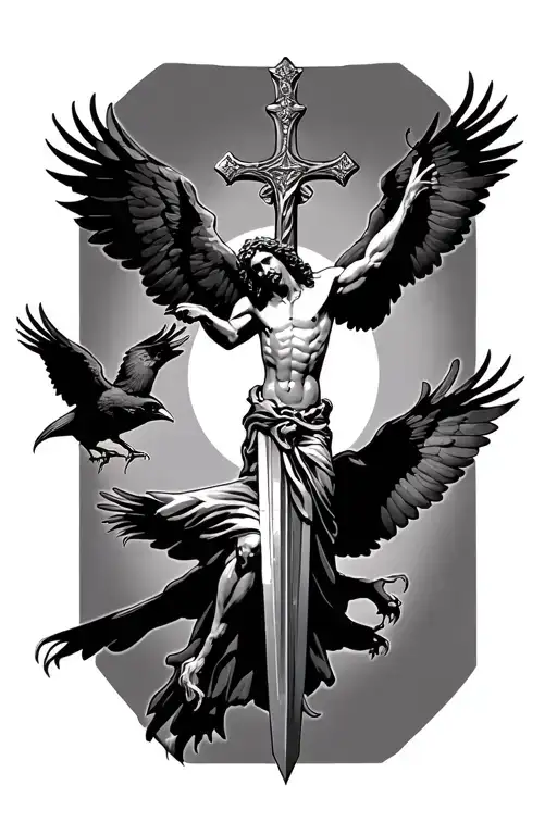 jesus on a sword cross, with crows wings and flying with claws no background tattoo design idea