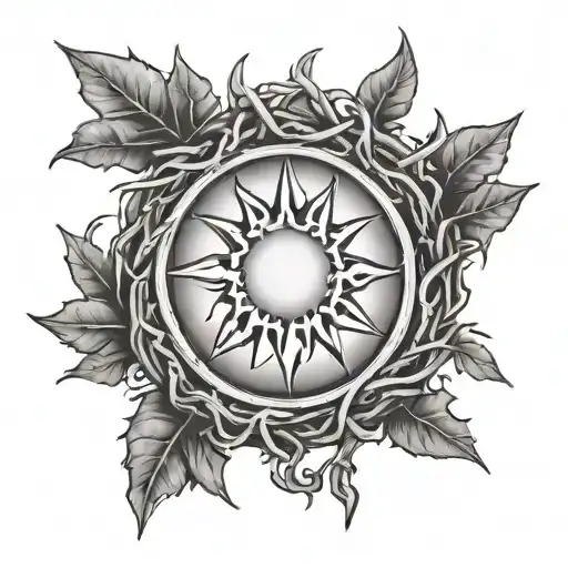 Elbow tattoo of A ring of thorned branches with the sun inside of it, in black and grey traditional style tattoo design idea