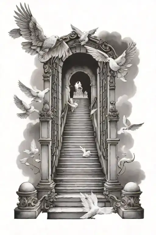 stairway to heaven with gates doves flying tattoo design idea