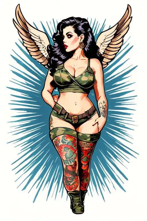 Sexy pin up girl, side profile, full body view, standing, petite, large boobs, Army tattoo design idea