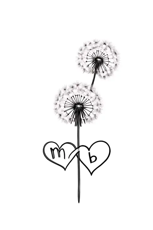A dandelion with two intertwined hearts at its base and the letters m and b on each of the hearts​​​​​​​​​​​​​​​​ tattoo design idea