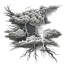 Thunder cloud, lightning, rain, realistic black and grey tattoo design idea
