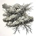Thunder cloud, lightning, rain, realistic black and grey tattoo design idea