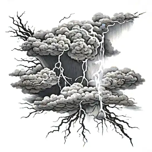 Thunder cloud, lightning, rain, realistic black and grey tattoo design idea