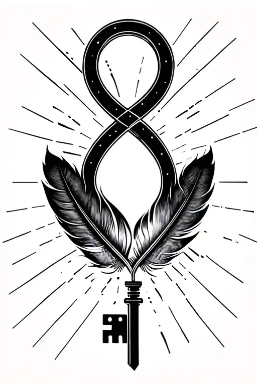 A minimalist infinity symbol tattoo morphs into a key and feather, symbolizing knowledge, courage, and spirituality. tattoo design idea