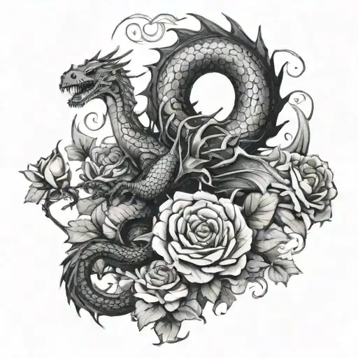 i want a black dragon emerging from a cave with smoke inside of it some roses and romen leters tattoo design idea