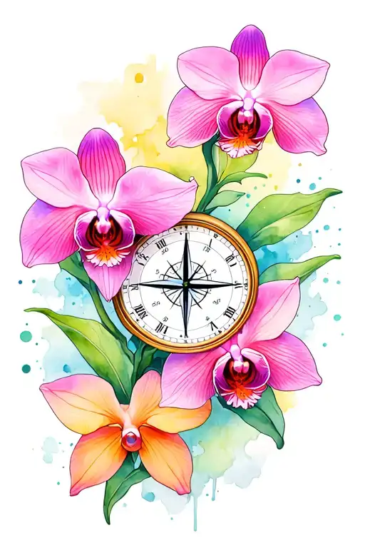 orchids clock compass tattoo design idea