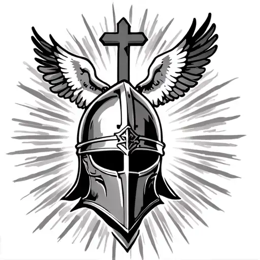 crusader helmet with sun rays and a cross with doves tattoo design idea