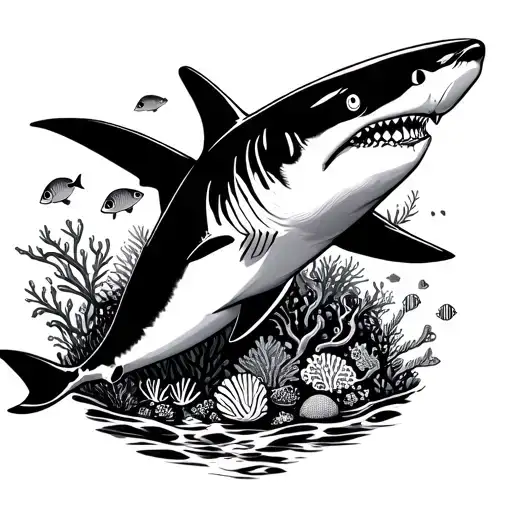 A hammerhead shark swimming in the crystal-clear waters of the Philippines, surrounded by tropical fish and coral reefs tattoo design idea