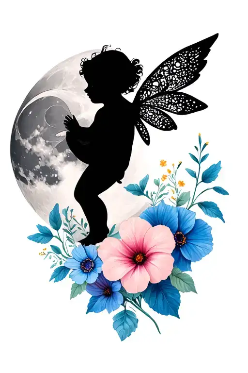 waxing gibbous moon with a cherub little baby fairy silhouette and aster and morning glory flowers tattoo design idea