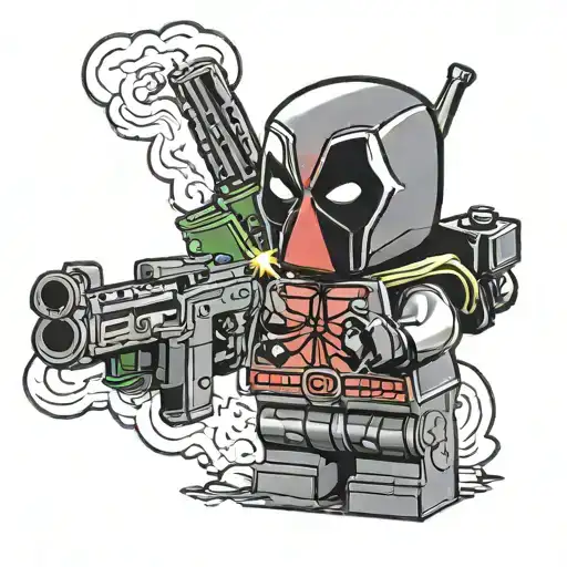 Lego Deadpool holding his guns up to his nose and smelling the smoke.  tattoo design idea