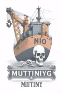 Container Ship with a crane behind and a skull and anchor with text below that says "mutiny"  tattoo design idea