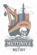 Container Ship with a crane behind and a skull and anchor with text below that says "mutiny"  tattoo design idea