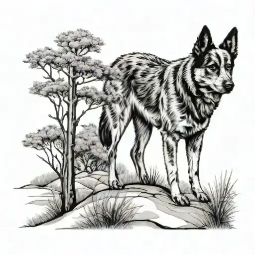 trees with a path and blue heeler standing tattoo design idea