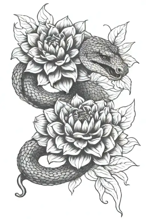 snake coiled around dahlia flower tattoo design idea