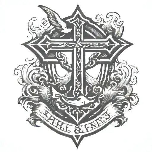 Anvil surrounded by flames witha cross above the anvil and a hammer striking the anvil and a dove with initials MES tattoo design idea