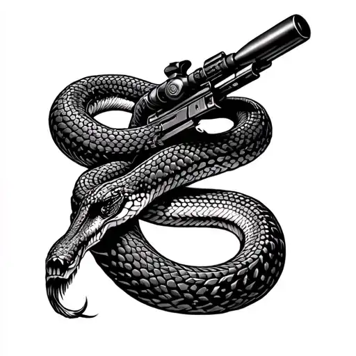 snake coiled around a sniper riffle barrel tattoo design idea