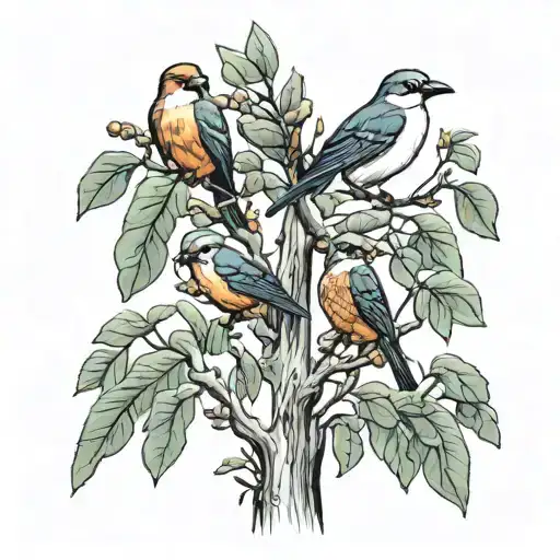 Eucalyptus tree with four birds. Adoption symbol.  tattoo design idea