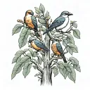 Eucalyptus tree with four birds. Adoption symbol.  tattoo design idea
