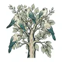 Eucalyptus tree with four birds. Adoption symbol.  tattoo design idea