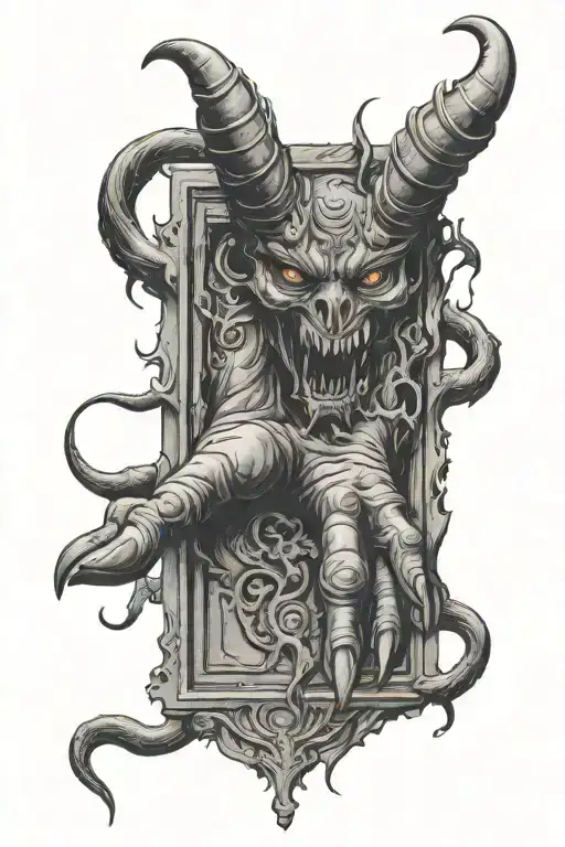 demon hand coming out of a far opened door tattoo design idea