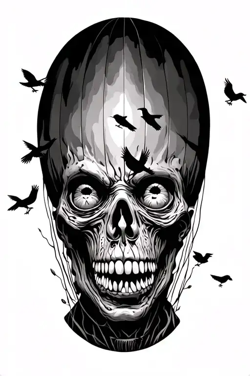 zombie with five birds and a hot air balloon tattoo design idea