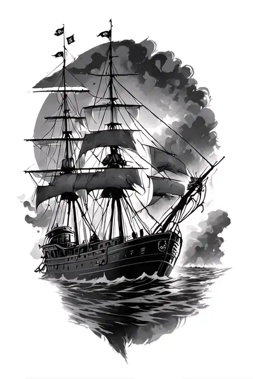Firefighter, pirate ship, dark fantasy scene tattoo design idea