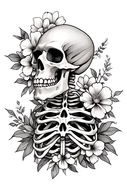 skeleton with flowers tattoo design idea